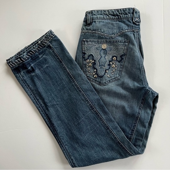 Antik Denim Denim - Antik Jeans Vintage Low Rise Rhinestone Studded Straight Leg Jeans
